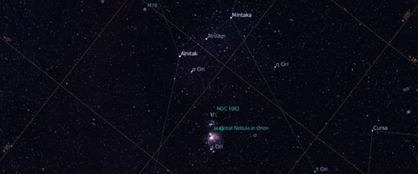猎户座大星云。按“N”键显示星云标签。星座线会同时显示，可按“C”键显示或隐藏星座线。